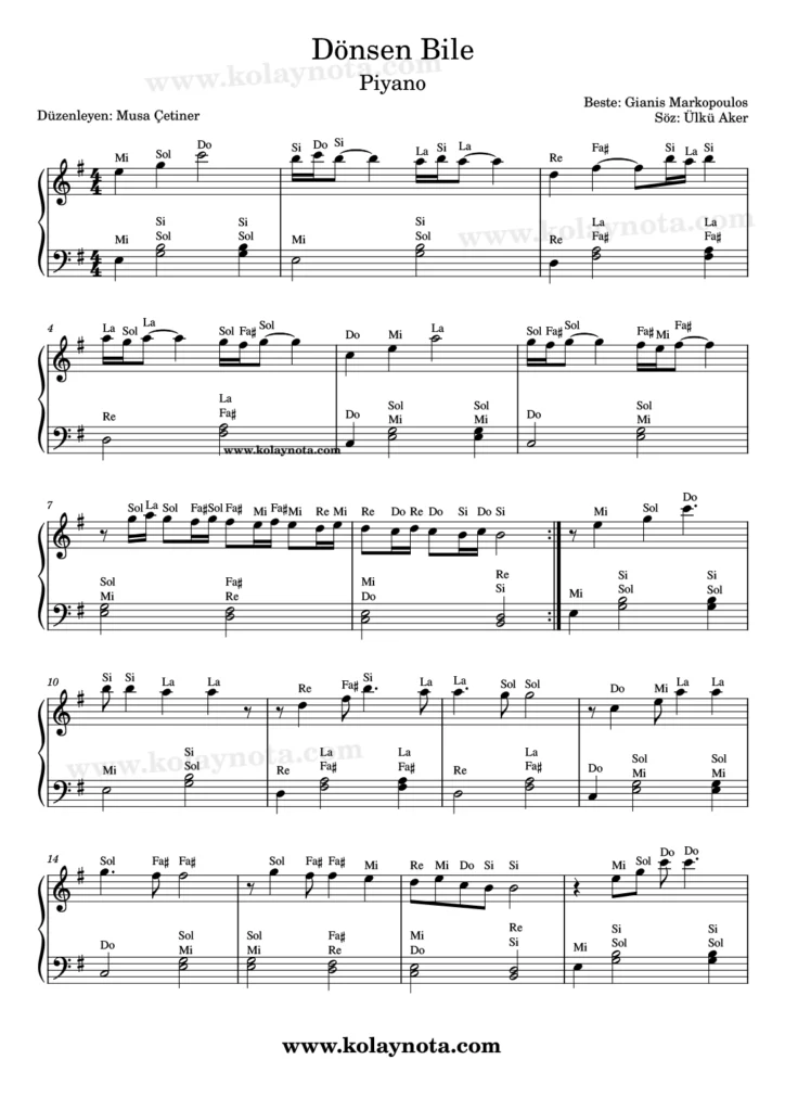 Dönsen Bile şarkısının piyano düzenlemesi