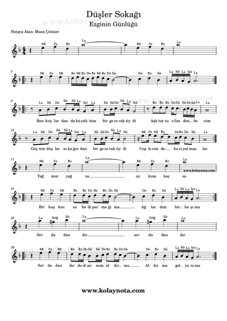 Düşler Sokağı şarkısının kolay notasyonu