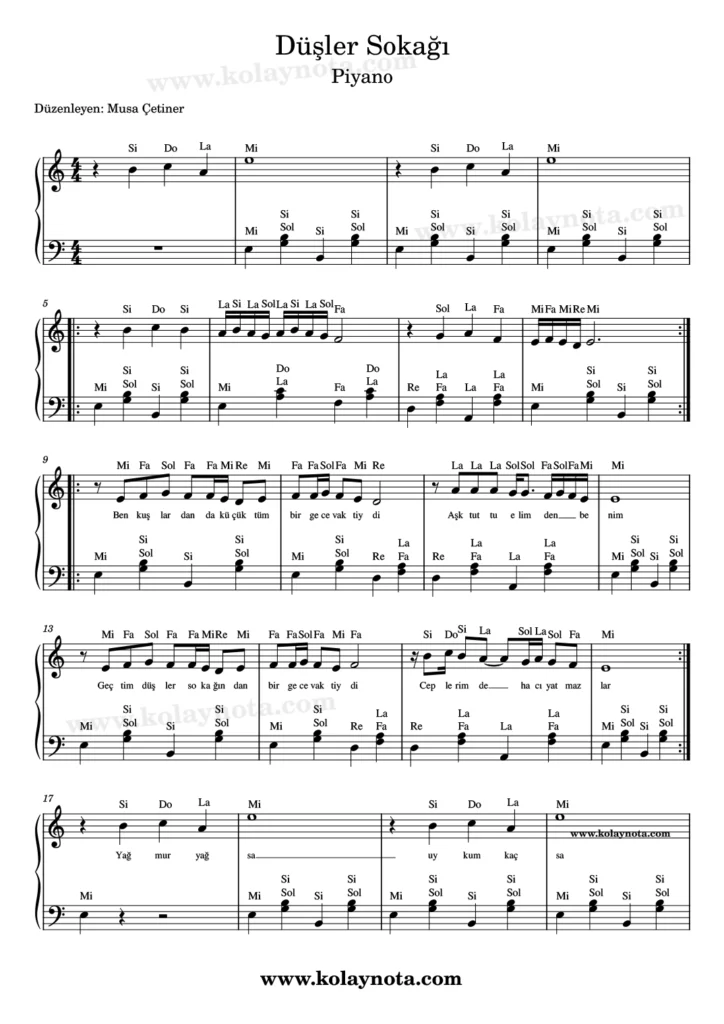 Düşler Sokağı şarkısının kolay notasyonu