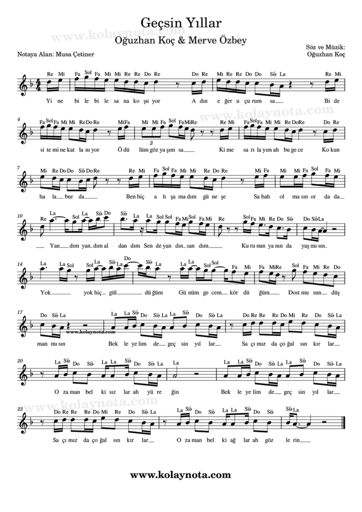 Geçsin Yıllar şarkısının kolay notasyonu