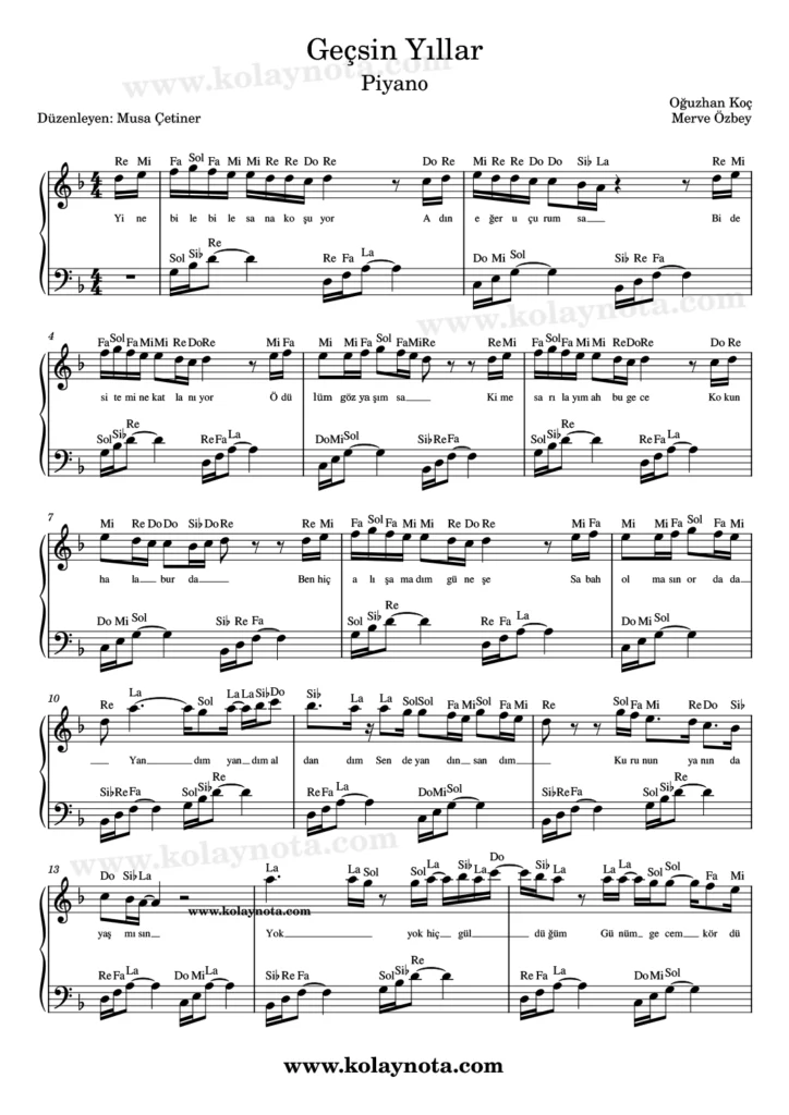 Geçsin Yıllar şarkısının piyano düzenlemesi