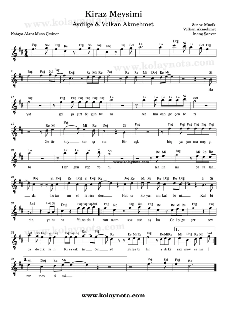Kiraz Mevsimi şarkısının kolay notasyonu