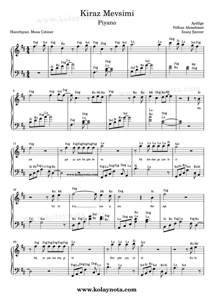 Kiraz Mevsimi şarkısının piyano düzenlemesi