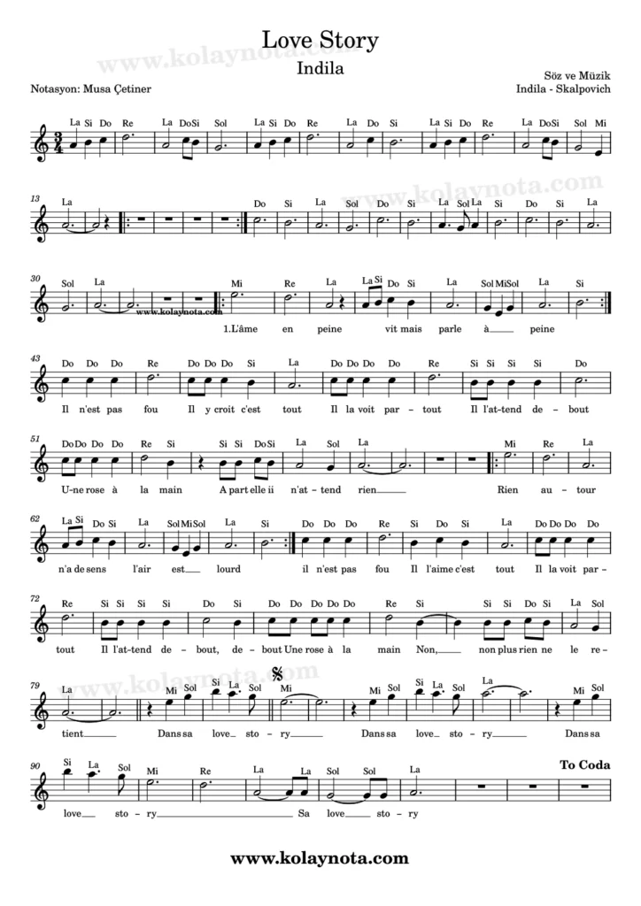 Indila, Love Story şarkısının kolay notasyonu
