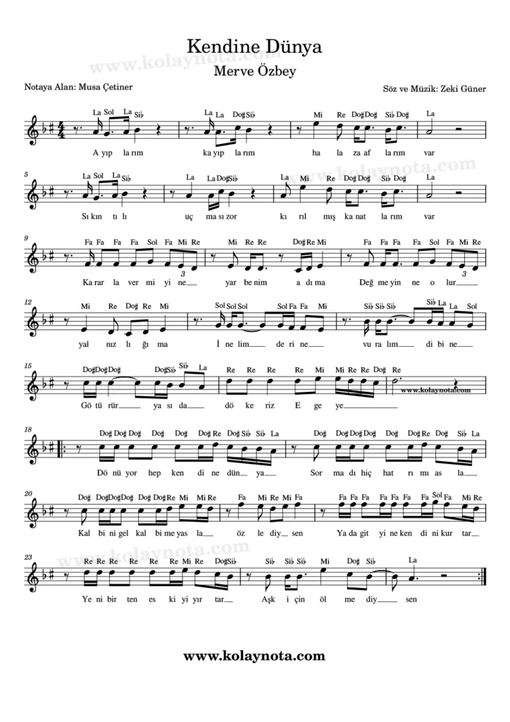 Kendine Dünya şarkısının kolay notasyonu