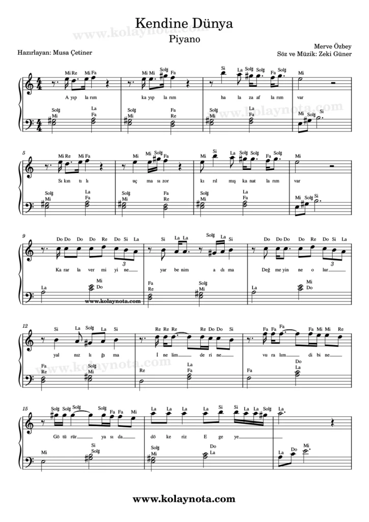 Kendine Dünya şarkısının piyano düzenlemesi