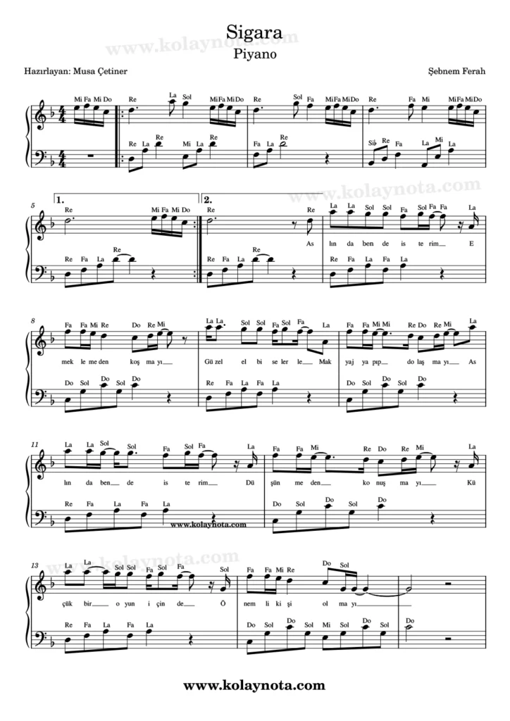 Sigara şarkısının piyano düzenlemesi