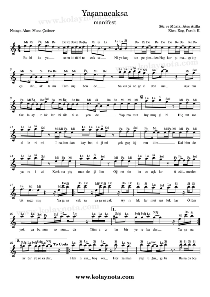 Yaşanacaksa şarkısının kolay notasyonu
