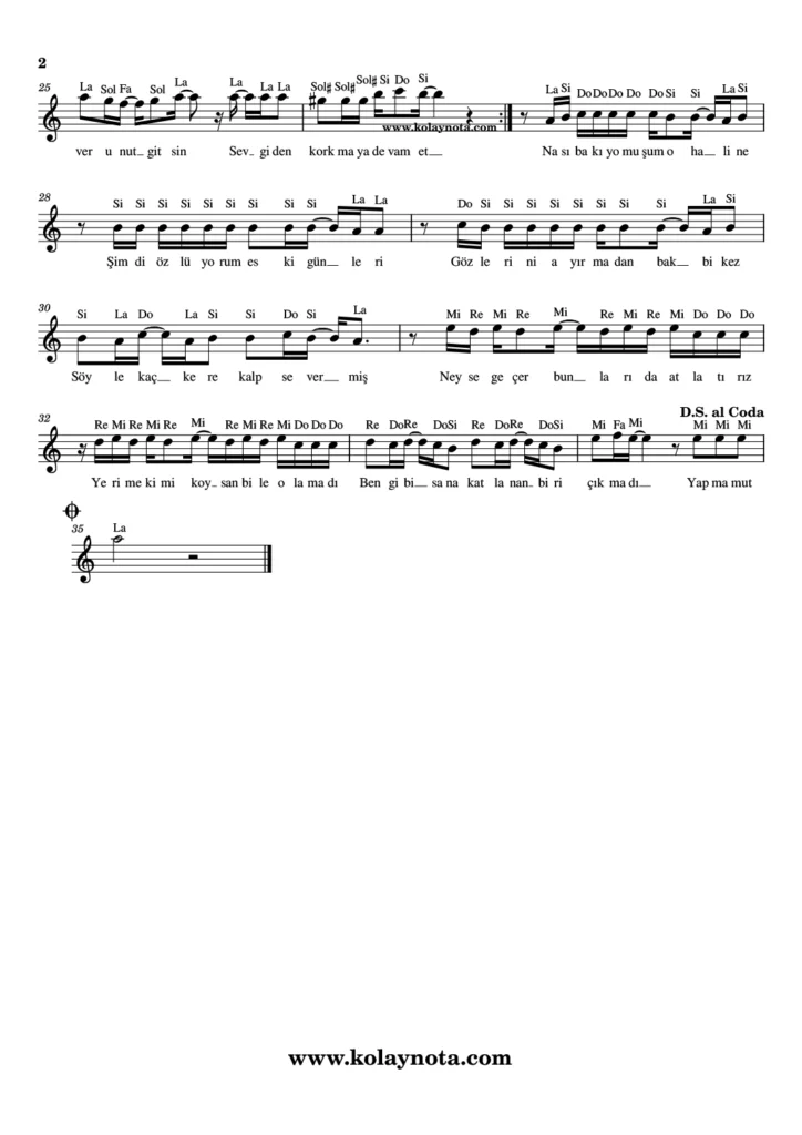 Yaşanacaksa - Nota - 2