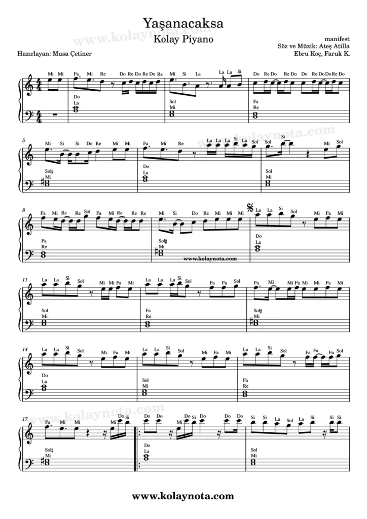 Yaşanacaksa şarkısının piyano düzenlemesi