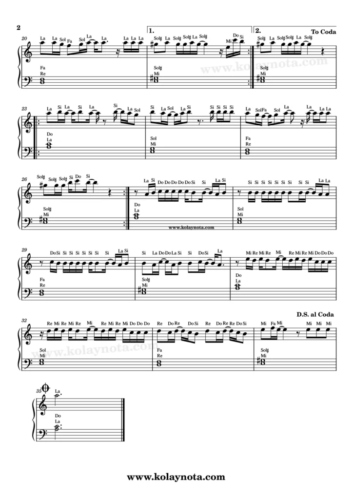 Yaşanacaksa - Piyano Nota - 2