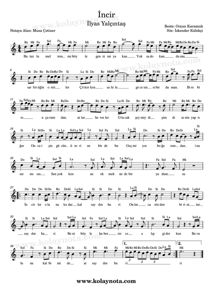 İncir şarkısının kolay notasyonu