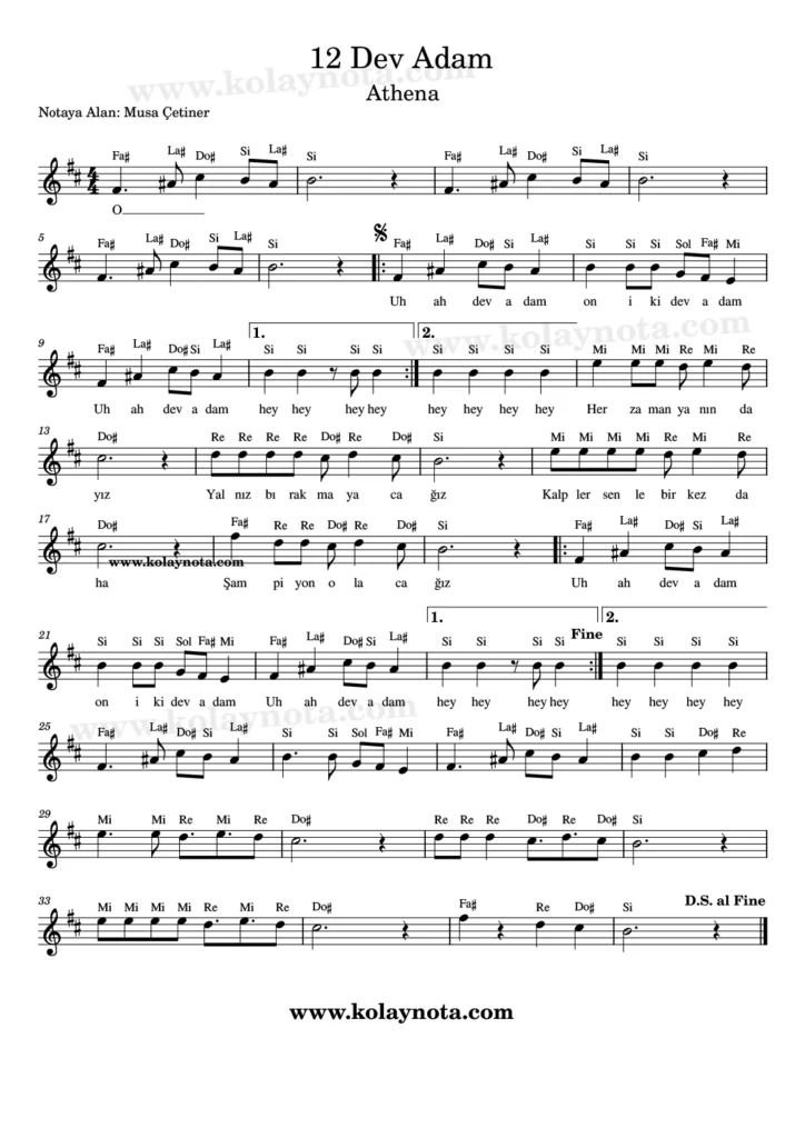 12 Dev Adam şarkısının kolay notasyonu