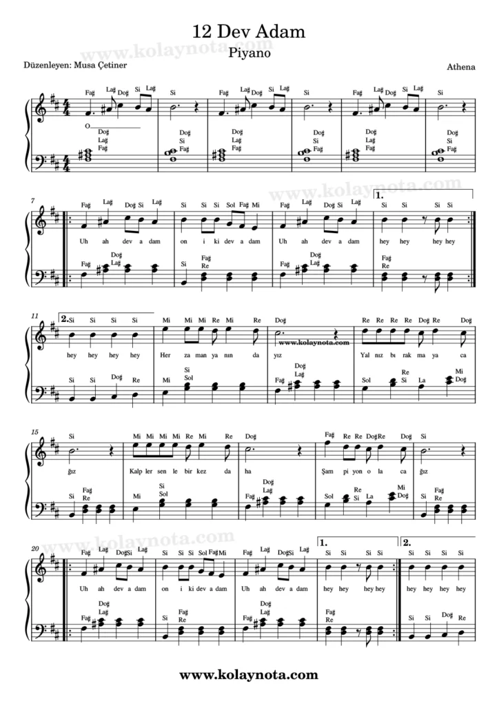 12 Dev Adam şarkısının piyano düzenlemesi
