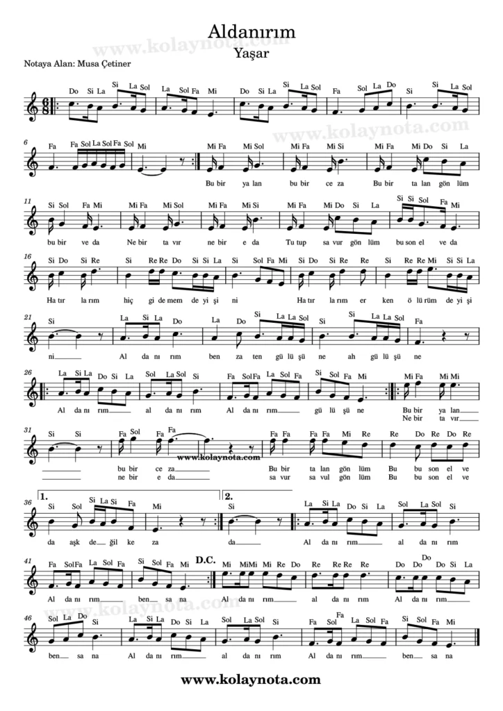 Aldanırım şarkısının kolay notasyonu