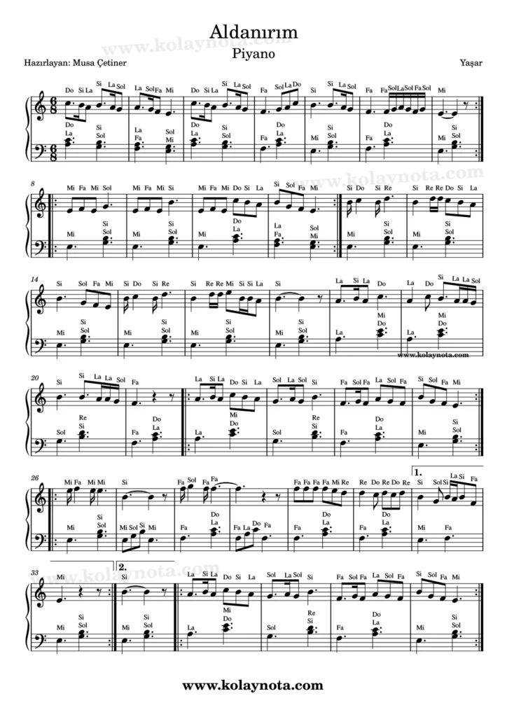 Aldanırım şarkısının piyano düzenlemesi