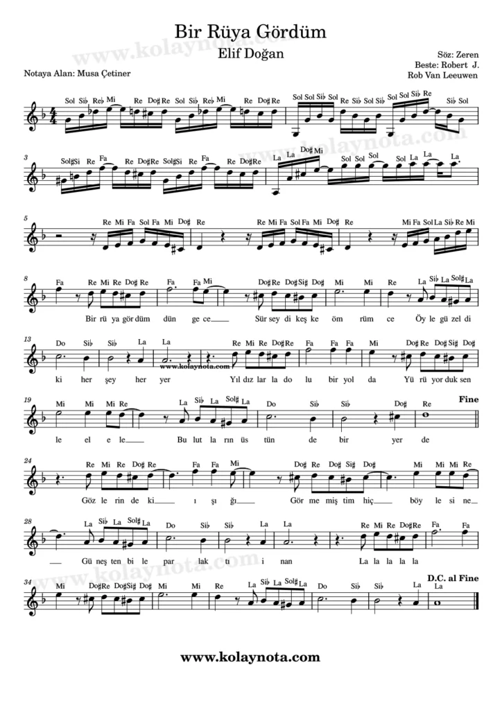 Bir Rüya Gördüm şarkısının kolay notasyonu