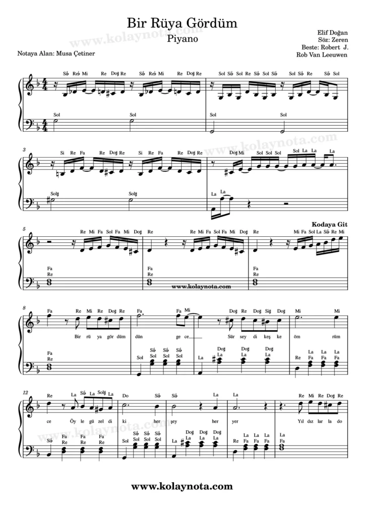 Bir Rüya Gördüm şarkısının piyano düzenlemesi