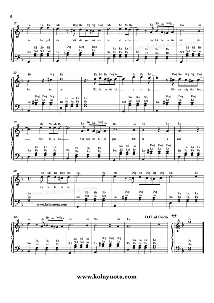 Bir Rüya Gördüm - Piyano Nota - 2