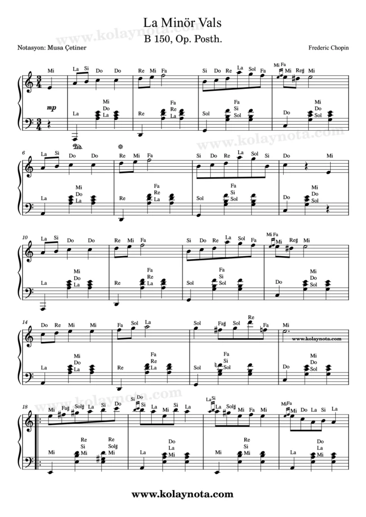 Chopin, La minör vals, piyano notası