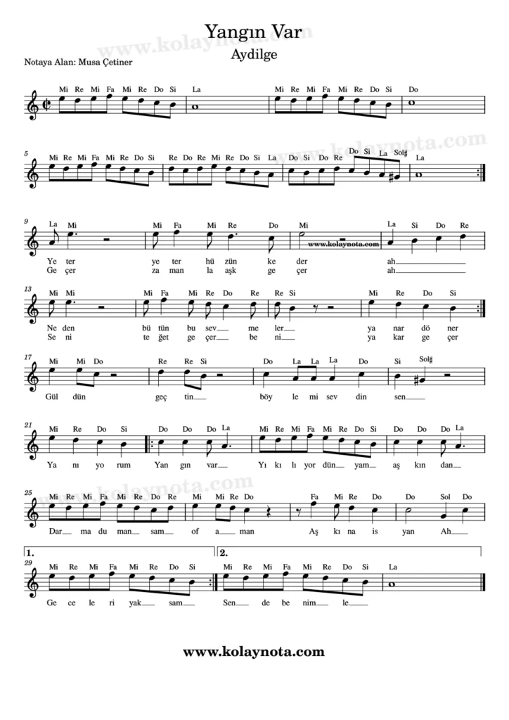 Aydilge, Yangın Var şarkısının kolay notasyonu