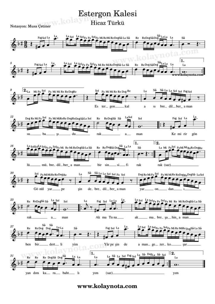 Estergon Kalesi türküsünün kolay notasyonu