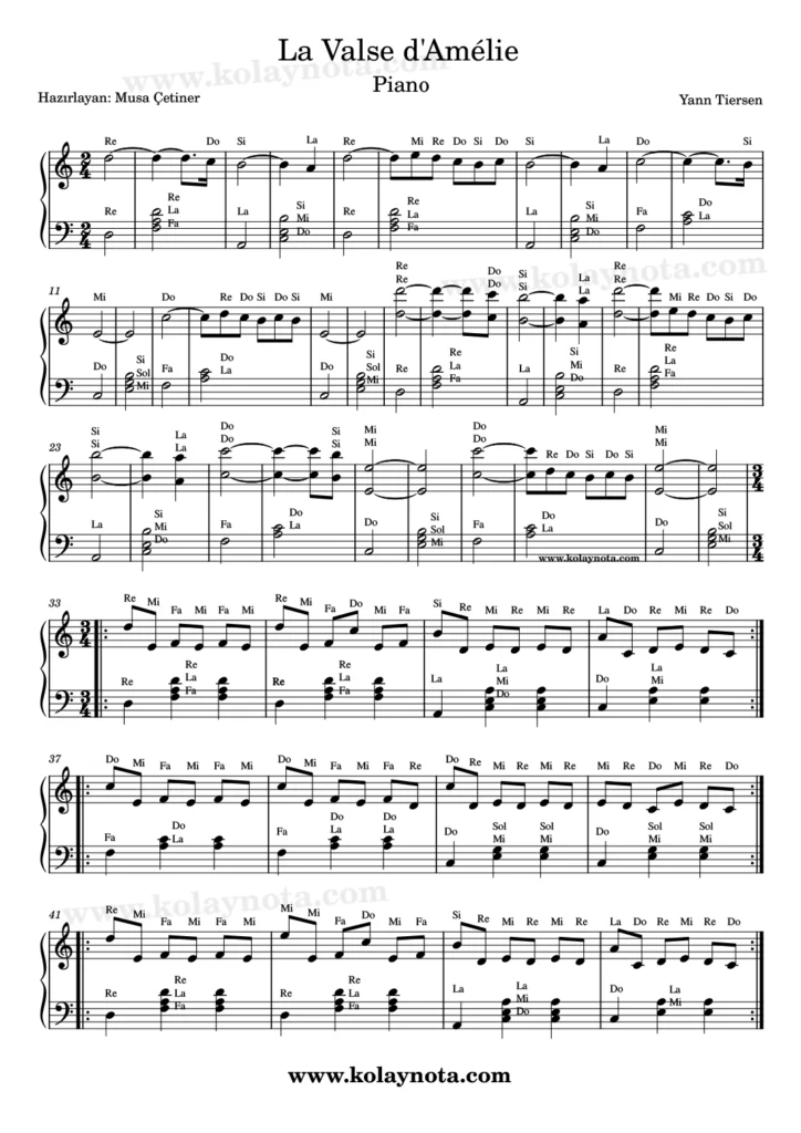 La Valse D'Amelie, piyano düzenlemesi