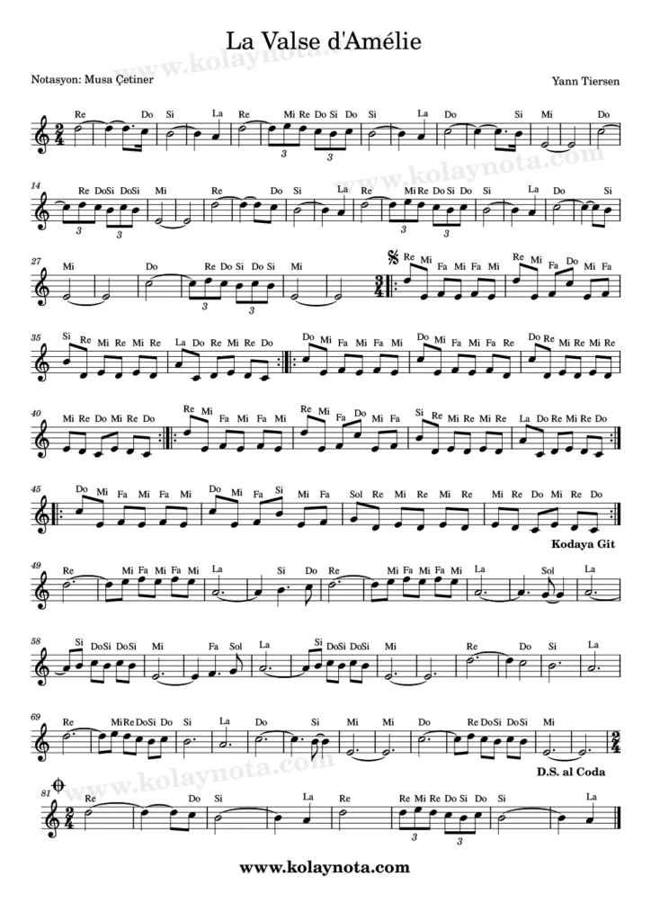La Valse D'Amelie şarkısının kolay notasyonu