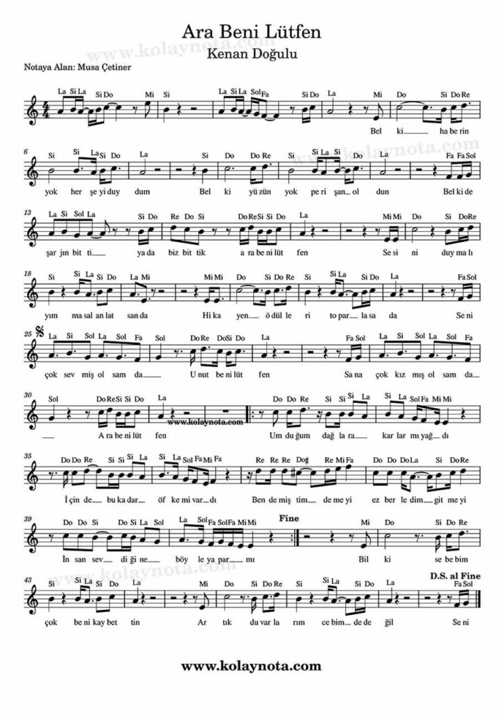 Ara Beni Lütfen şarkısının kolay notasyonu