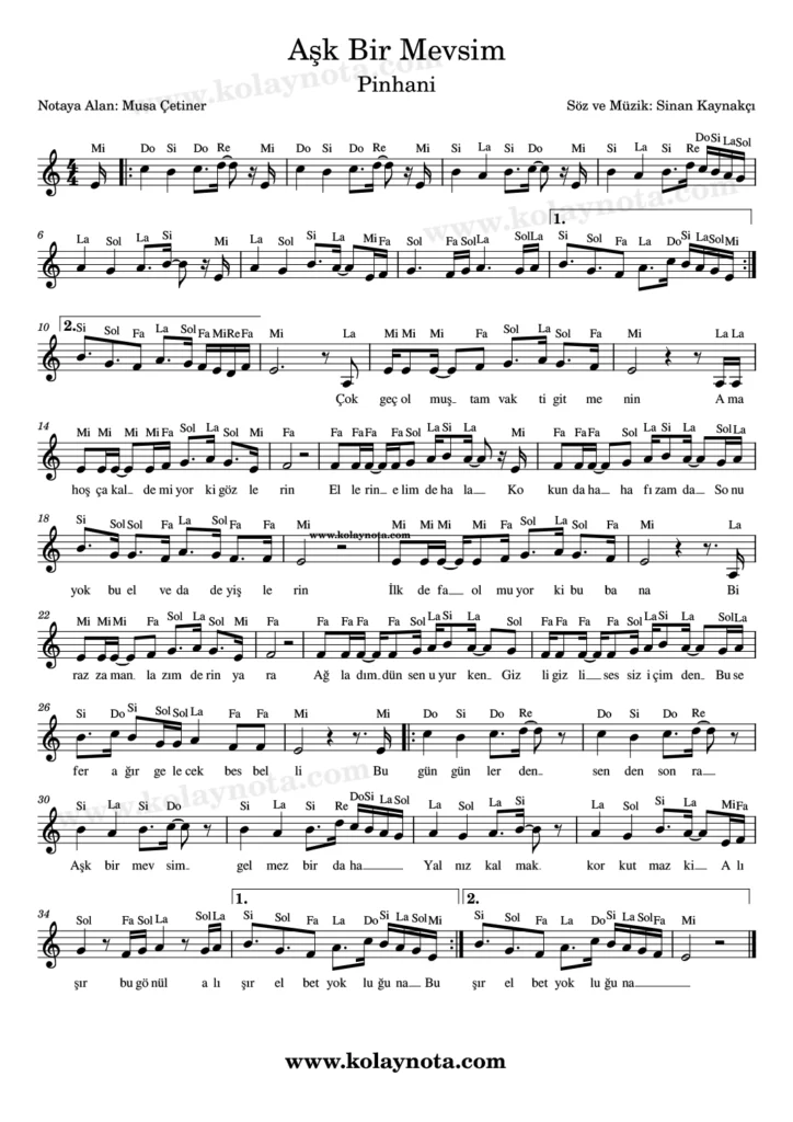 Aşk Bir Mevsim şarkısının kolay notasyonu