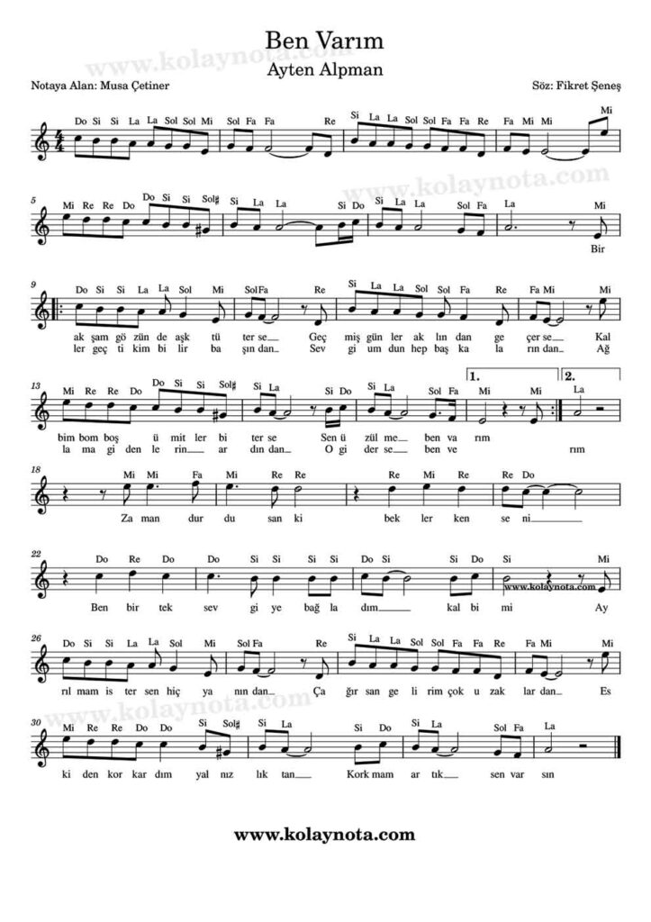 Ben Varım şarkısının kolay notasyonu