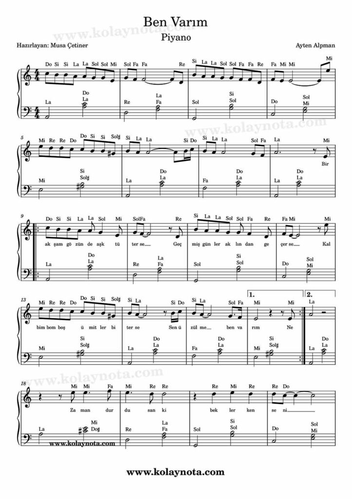 Ben Varım şarkısının piyano düzenlemesi