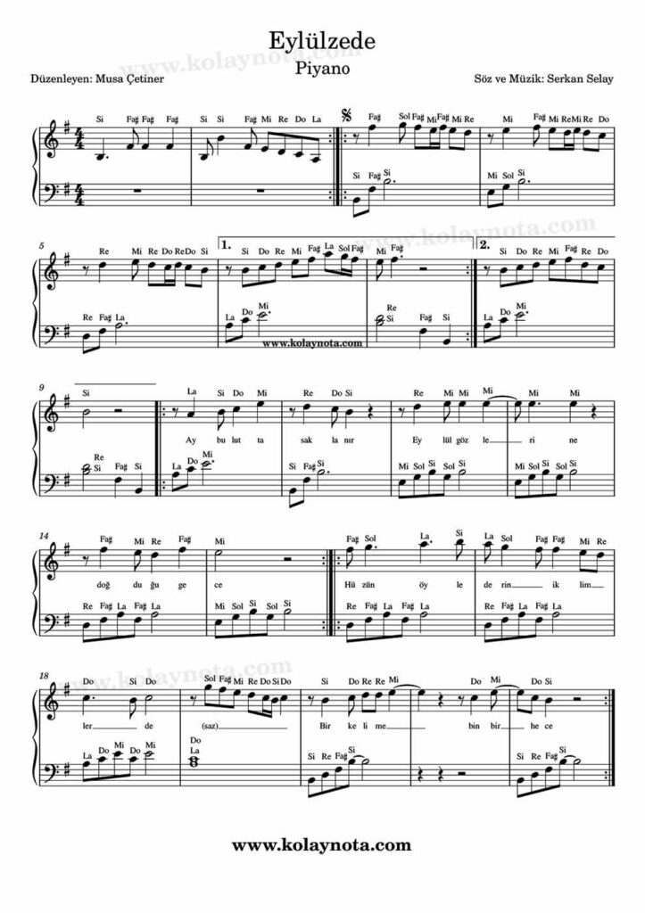 Eylülzede şarkısının piyano düzenlemesi