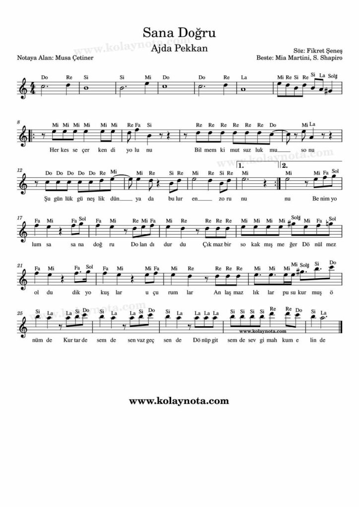 Sana Doğru şarkısının kolay notasyonu