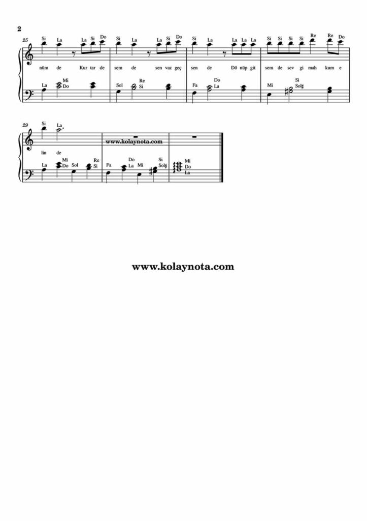 Sana Doğru - Piyano Notası - 2