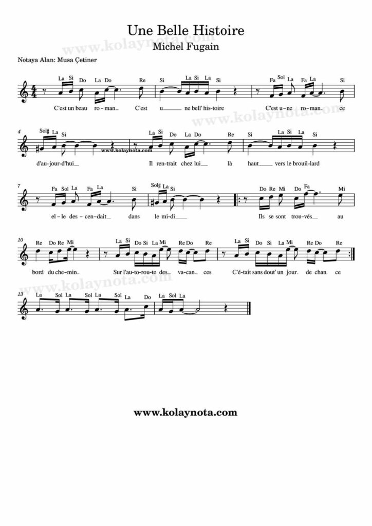 Une Belle Histoire şarkısının kolay notasyonu