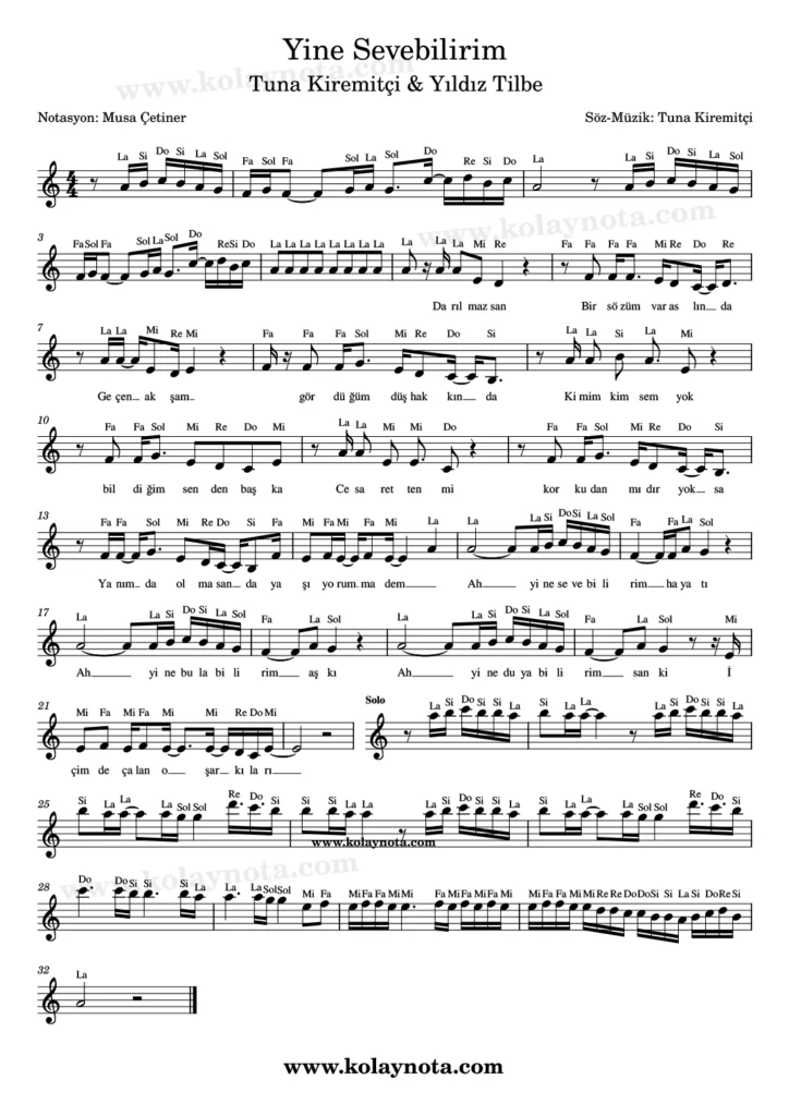 Yine Sevebilirim şarkısının kolay notasyonu