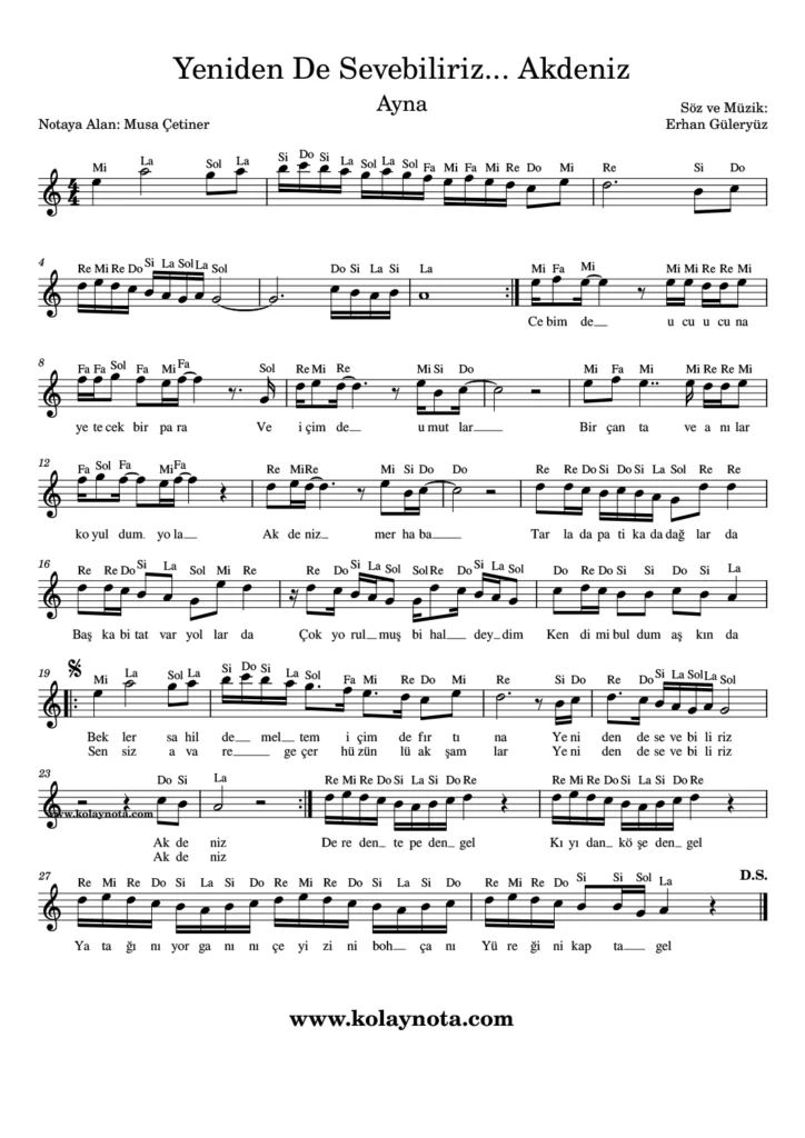 Yeniden de Sevebiliriz... Akdeniz şarkısının kolay notasyonu