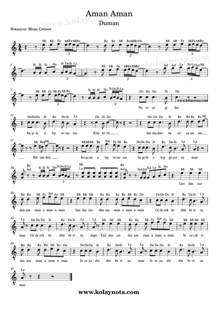 Aman Aman şarkısının kolay notasyonu