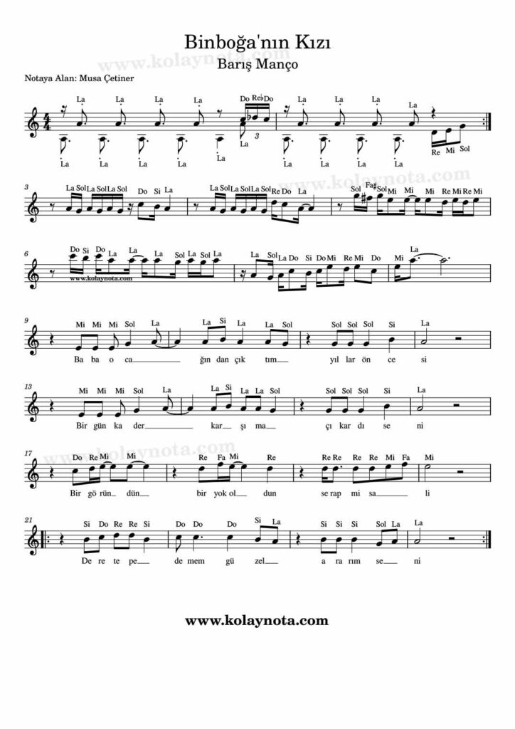 Binboğa'nın Kızı şarkısının kolay notasyonu