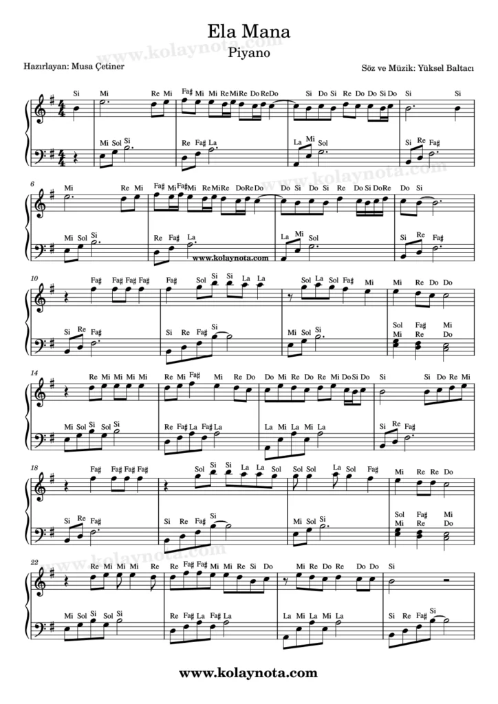 Ela Mana şarkısının piyano düzenlemesi
