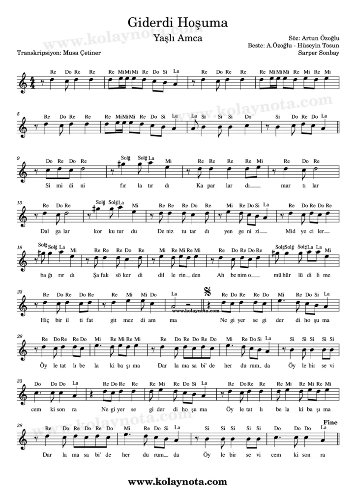 Giderdi Hoşuma şarkısının kolay notasyonu