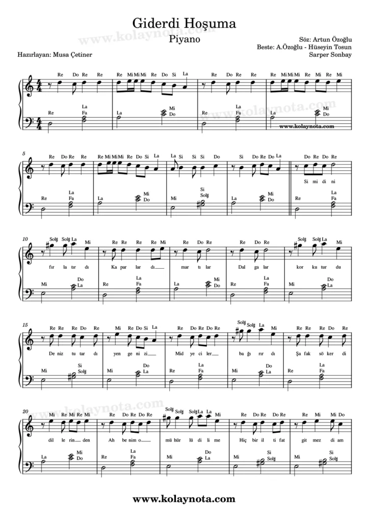 Giderdi Hoşuma şarkısının piyano düzenlemesi