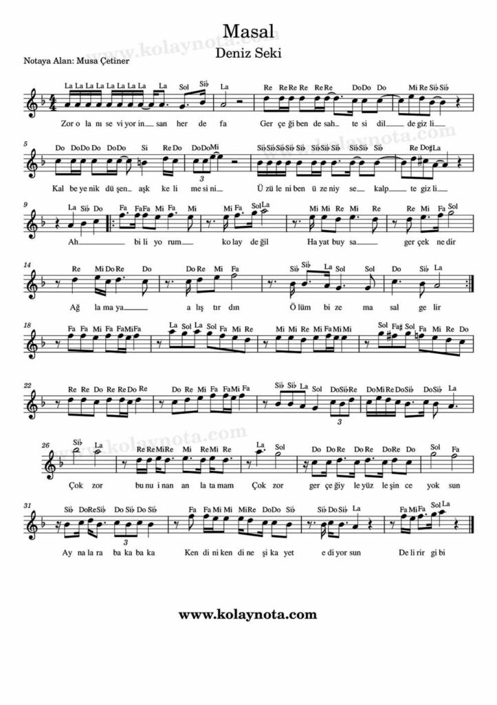 Deniz Seki, Masal şarkısının kolay notasyonu