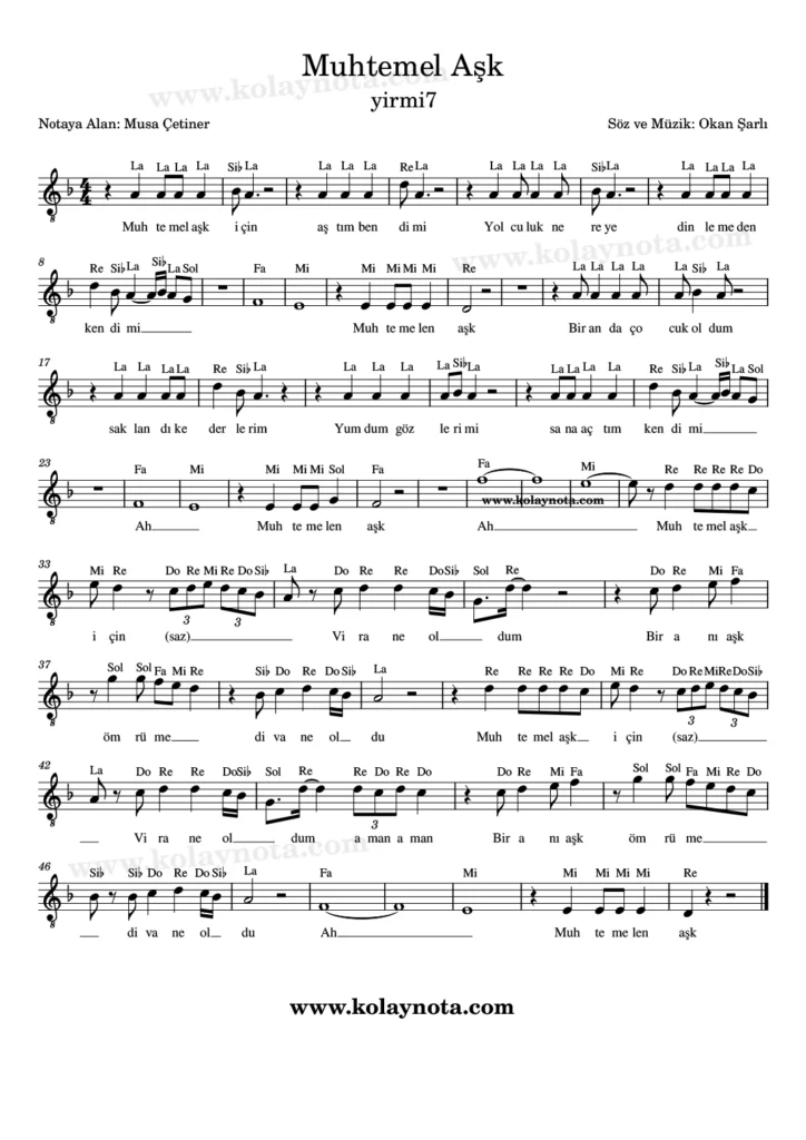 Muhtemel Aşk şarkısının kolay notasyonu