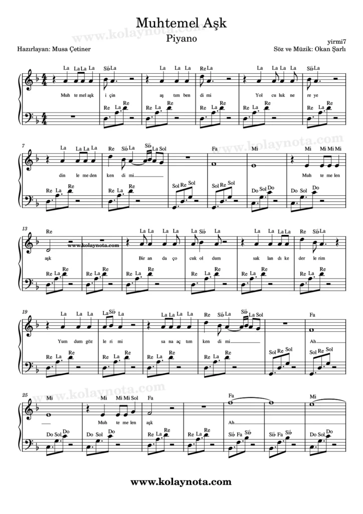 Muhtemel Aşk şarkısının piyano düzenlemesi