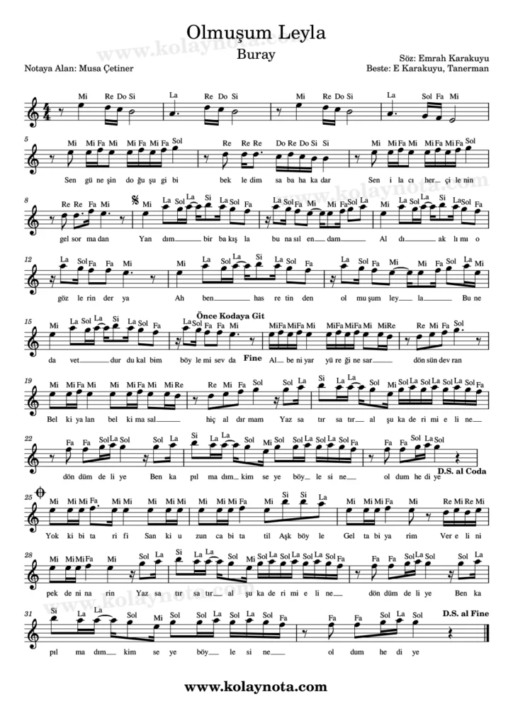 Olmuşum Leyla şarkısının kolay notasyonu