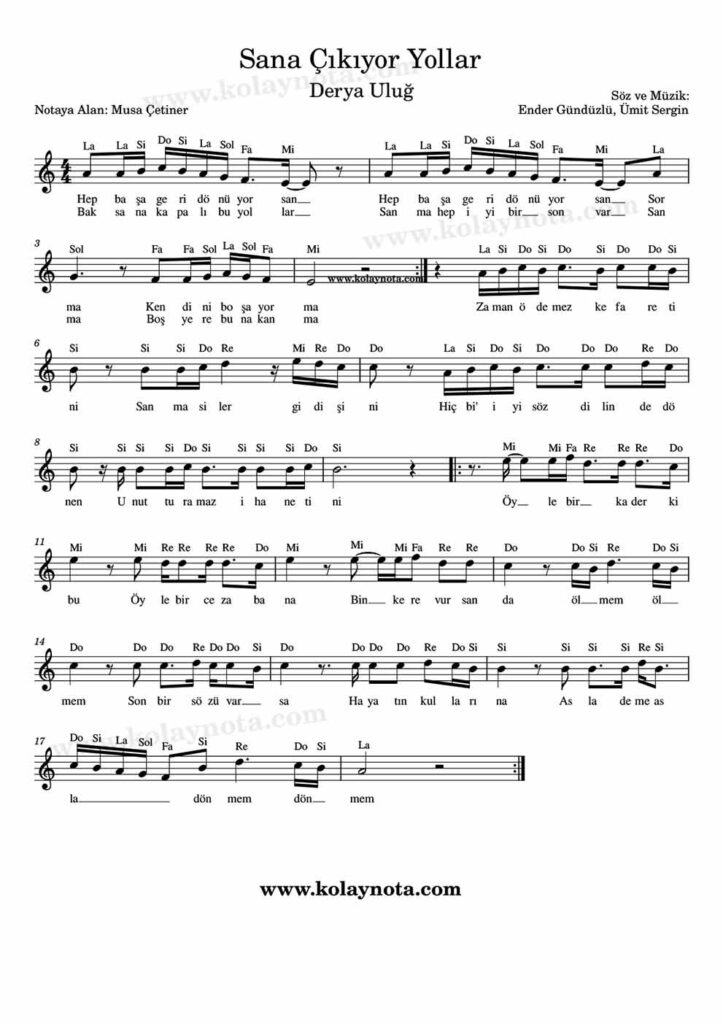 Sana Çıkıyor Yollar şarkısının kolay notasyonu