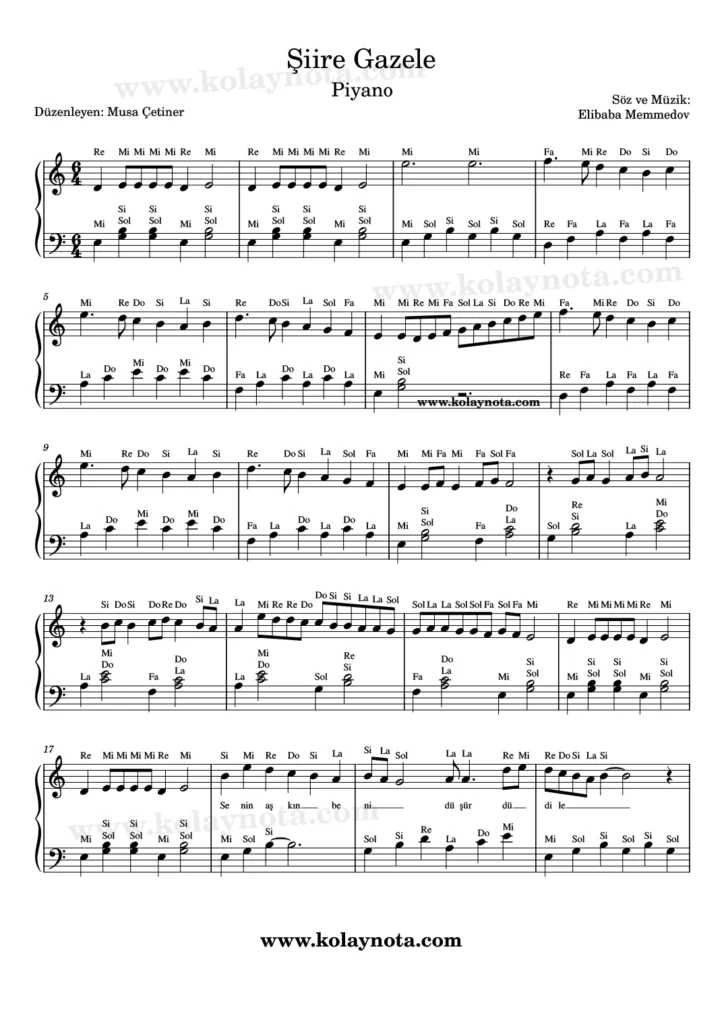 Şiire Gazele şarkısının piyano düzenlemesi