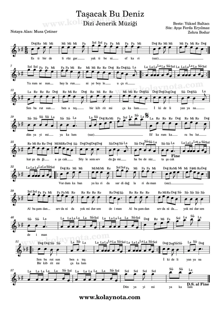 Taşacak Bu Deniz şarkısının kolay notasyonu